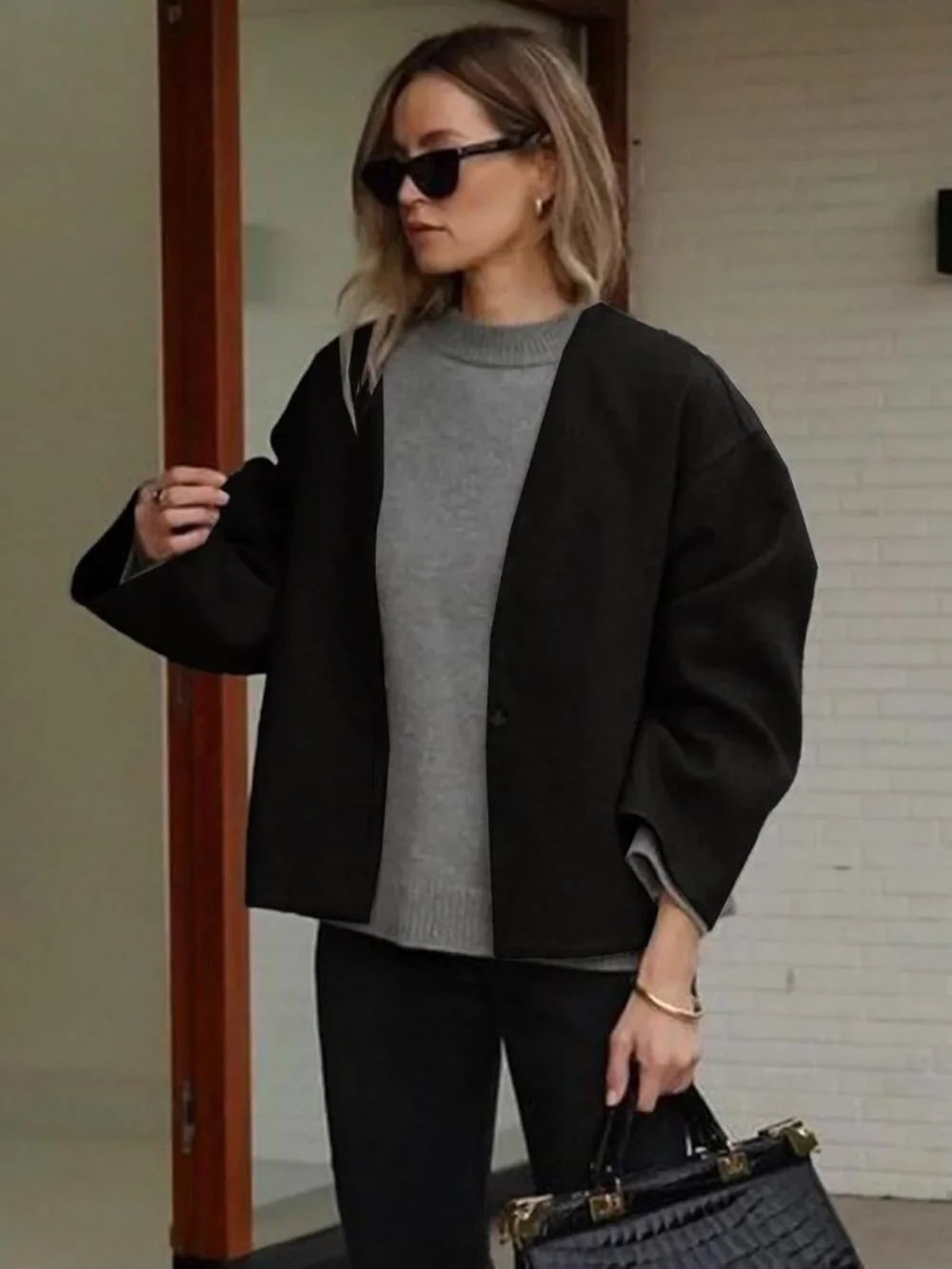 Women's Black Cropped Wool Blend Short Collarless Long Sleeve Fall Pea Overcoat